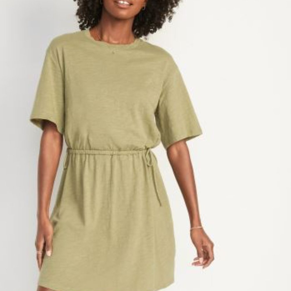 Waist-Defined Short-Sleeve Slub-Knit Mini T-Shirt Dress for Women
